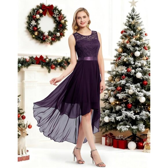 BeryLove Women Grape Chiffon Scoop Neck Sleeveless Lace Cocktail Dress - Picture 5 of 7